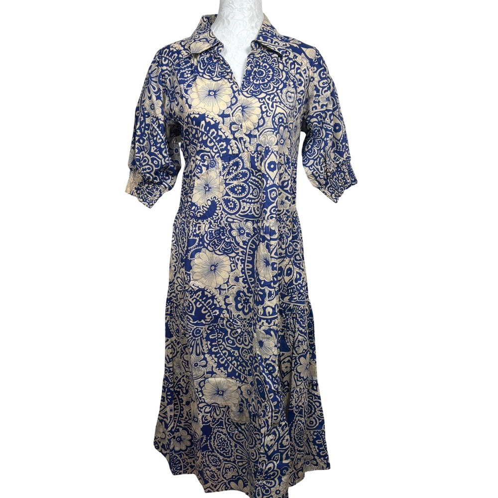 Umgee Blue Floral Paisley Collared Smocked Puff Sleeve Tiered Midi Dress Women S